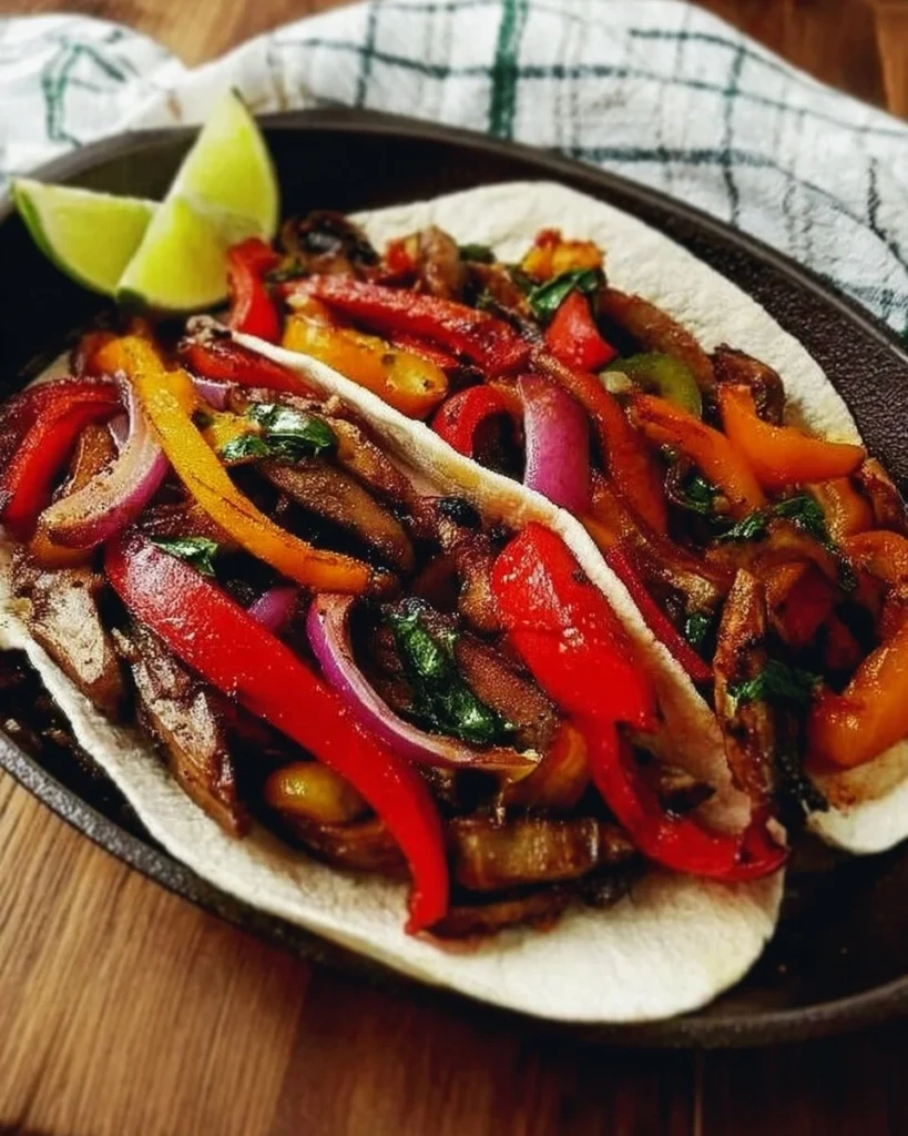 Plate of flavorful Portobello Vegan Fajitas with bell peppers and onion
