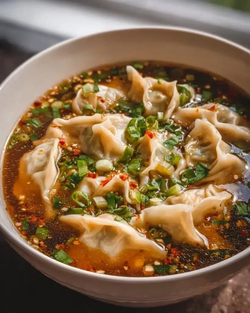 Bowl of delicious potsticker soup with dumplings and greens