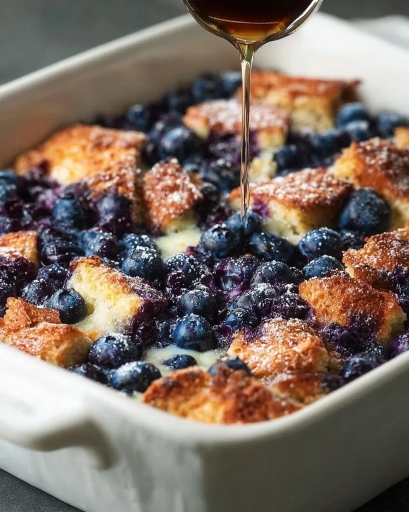 A mouthwatering Blueberry French Toast Casserole served on a plate.