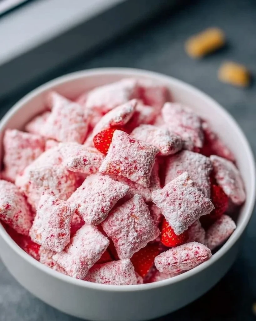 Quick strawberry shortcake puppy chow dessert in a bowl.