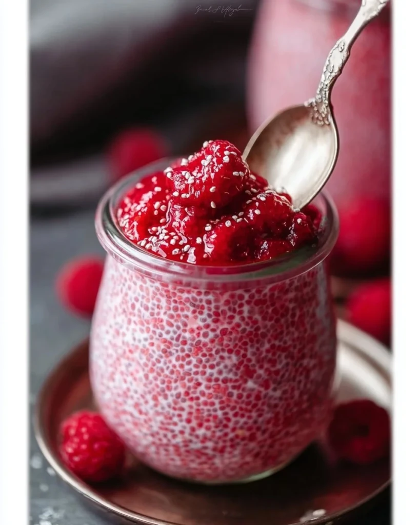 Raspberry Chia Pudding topped with fresh raspberries and drizzled with maple syrup