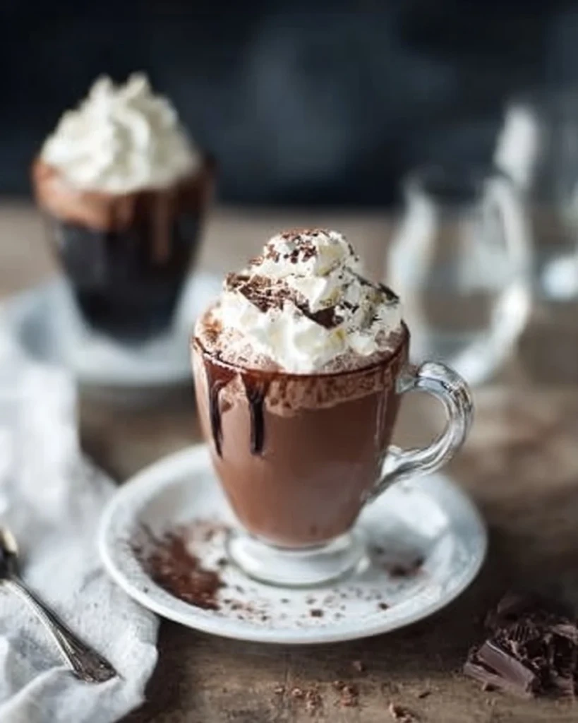 Delicious cup of real French hot chocolate topped with whipped cream
