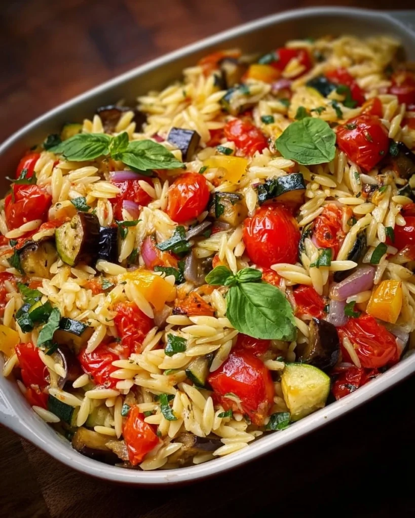 Bowl of roasted vegetable orzo with colorful veggies and herbs.