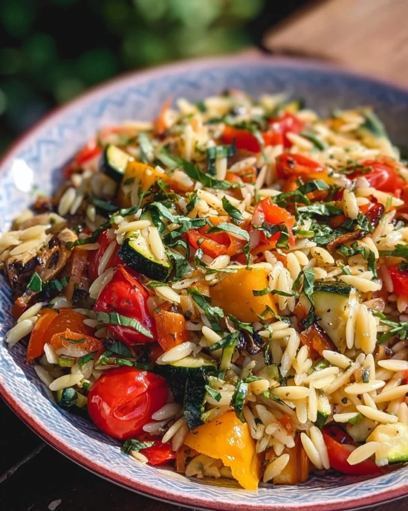 Bowl of Roasted Vegetable Orzo with colorful veggies and herbs