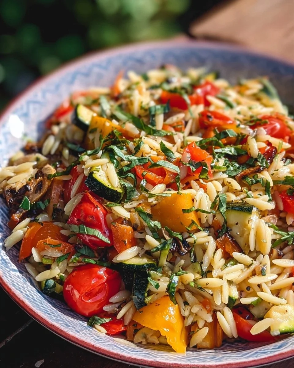 Bowl of Roasted Vegetable Orzo with colorful veggies and herbs