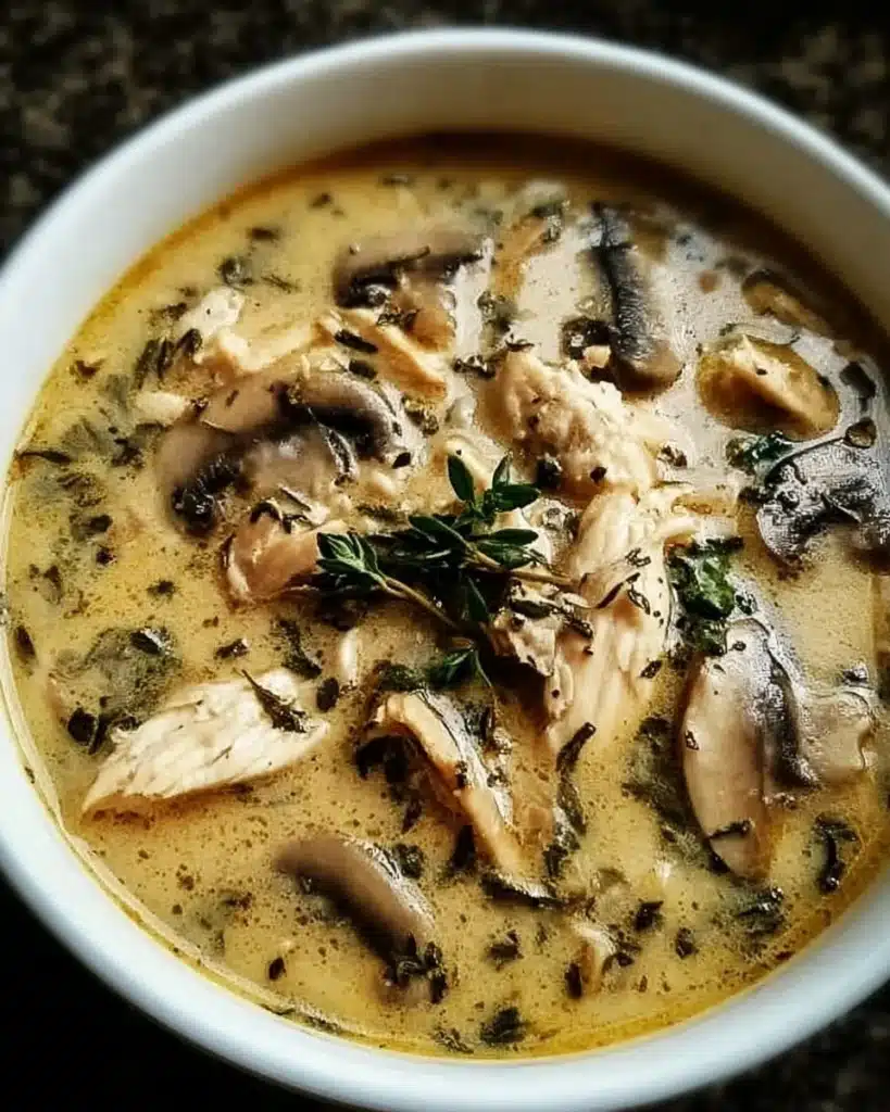Bowl of Rotisserie Chicken Mushroom Soup with fresh herbs and vegetables