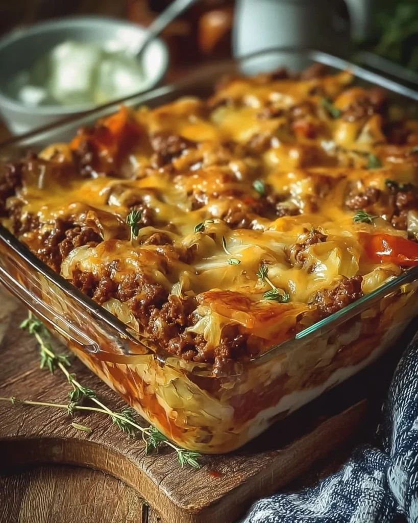 Savory Cabbage Beef Bake served in a dish, showcasing its flavorful ingredients