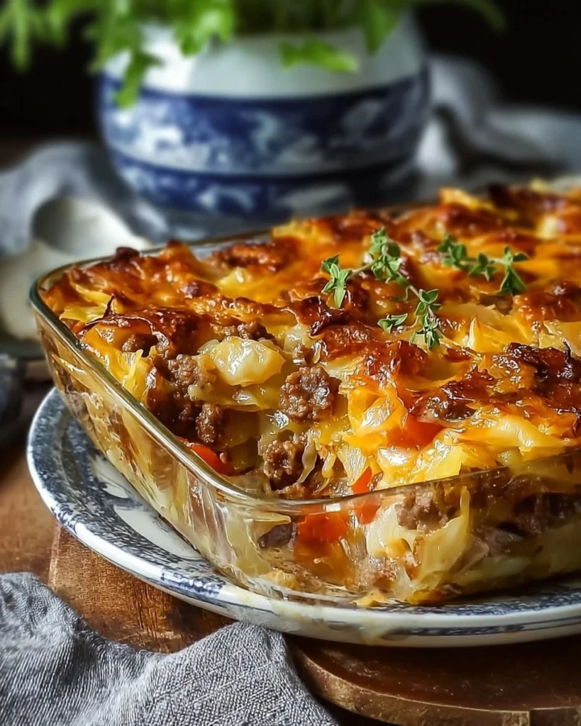 Savory Cabbage Beef Bake served in a casserole dish with fresh herbs.