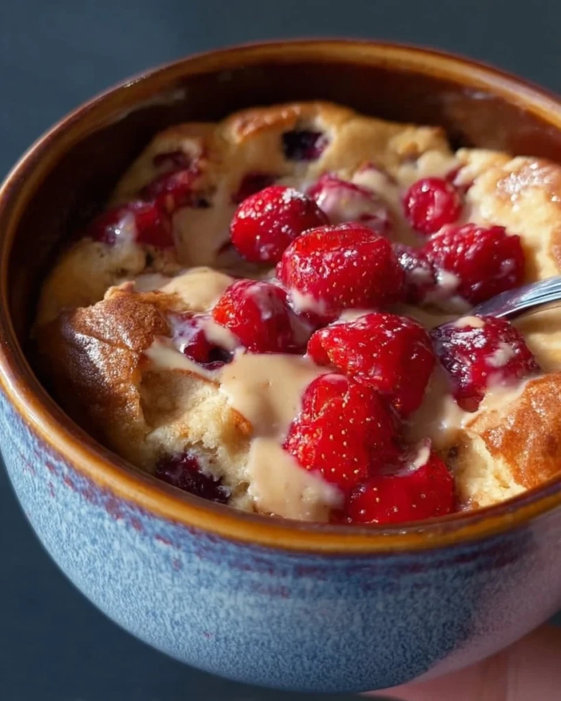 Fluffy baked protein pancake bowl topped with fruits and syrup
