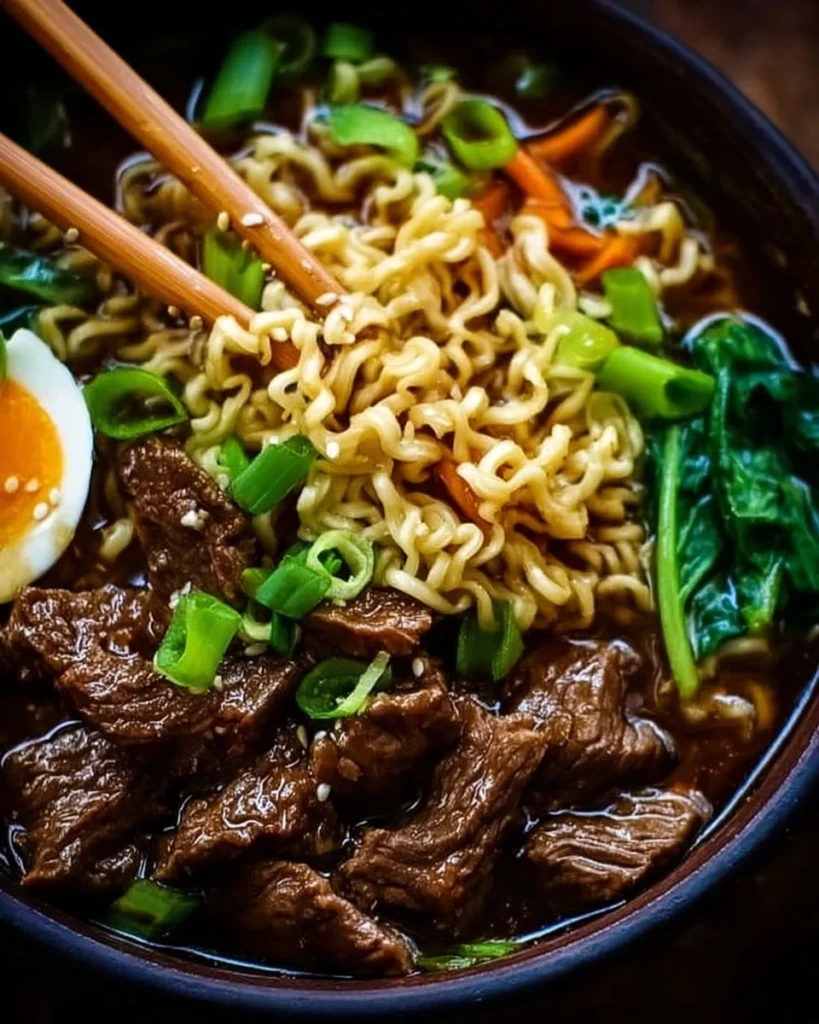 Delicious slow cooker beef ramen noodles served in a bowl