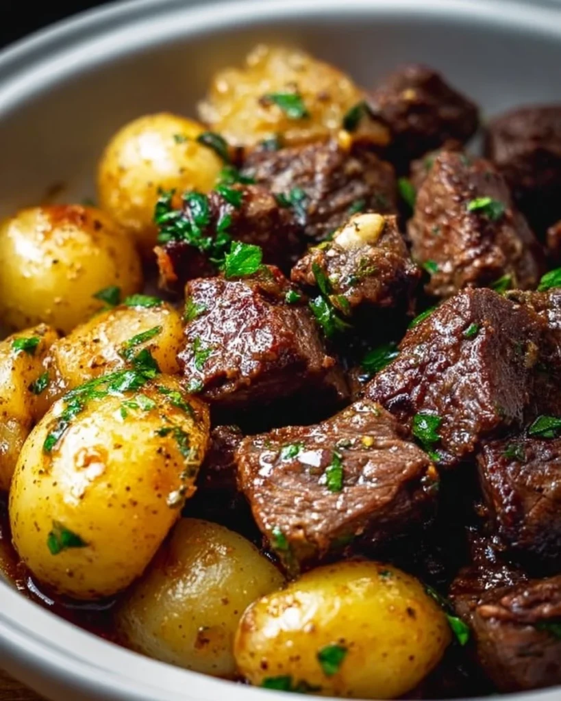 Delicious slow cooker garlic butter beef bites served with potatoes