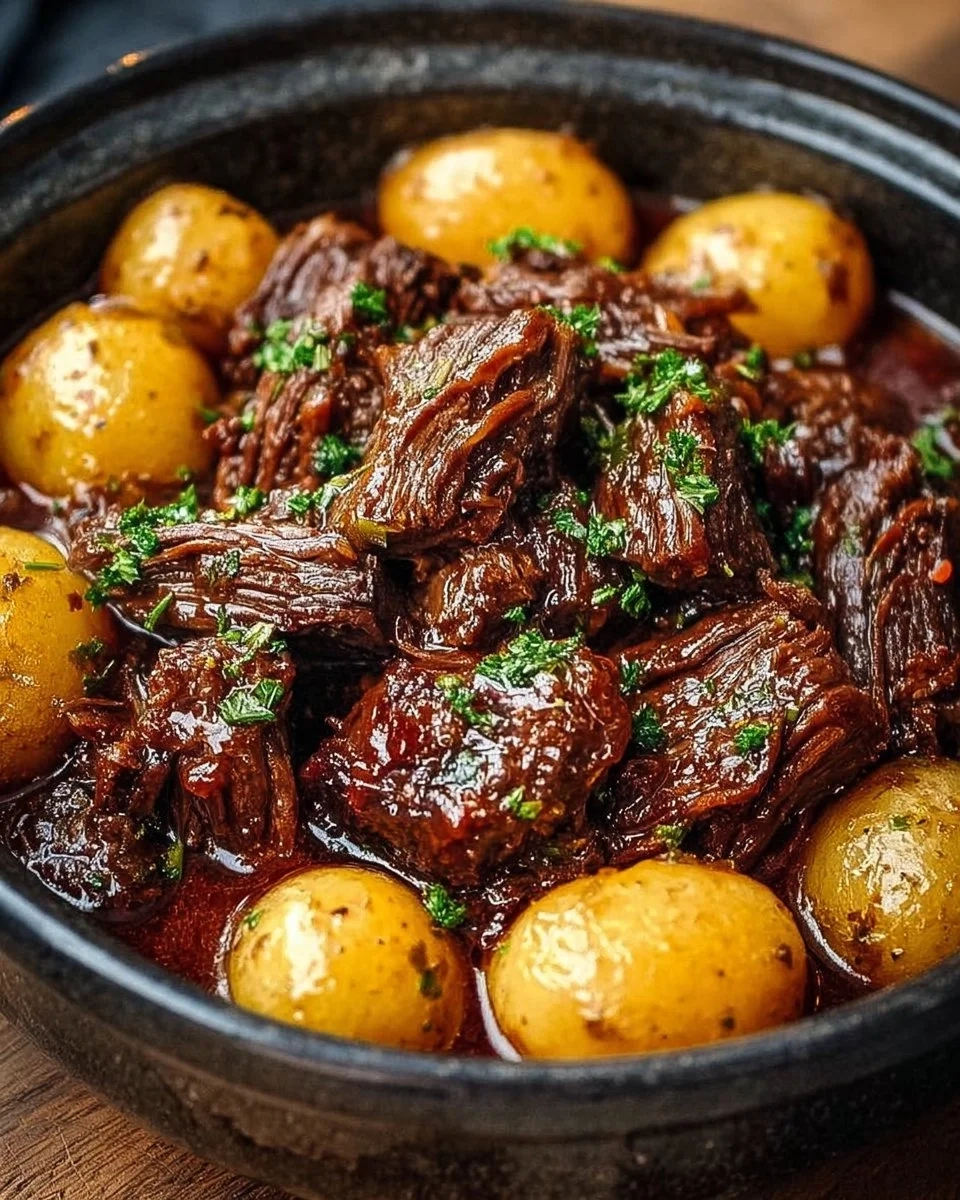 Slow Cooker Garlic Butter Beef served with tender potatoes