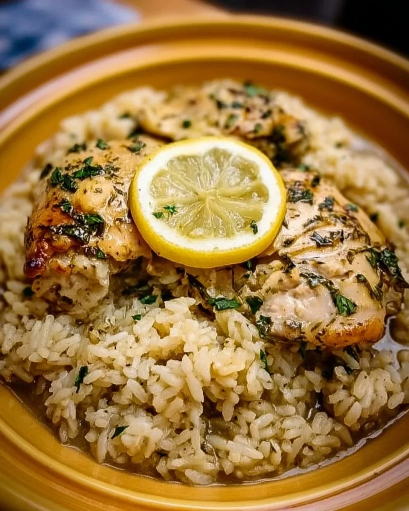 Plate of slow cooker lemon herb chicken served with rice and herbs