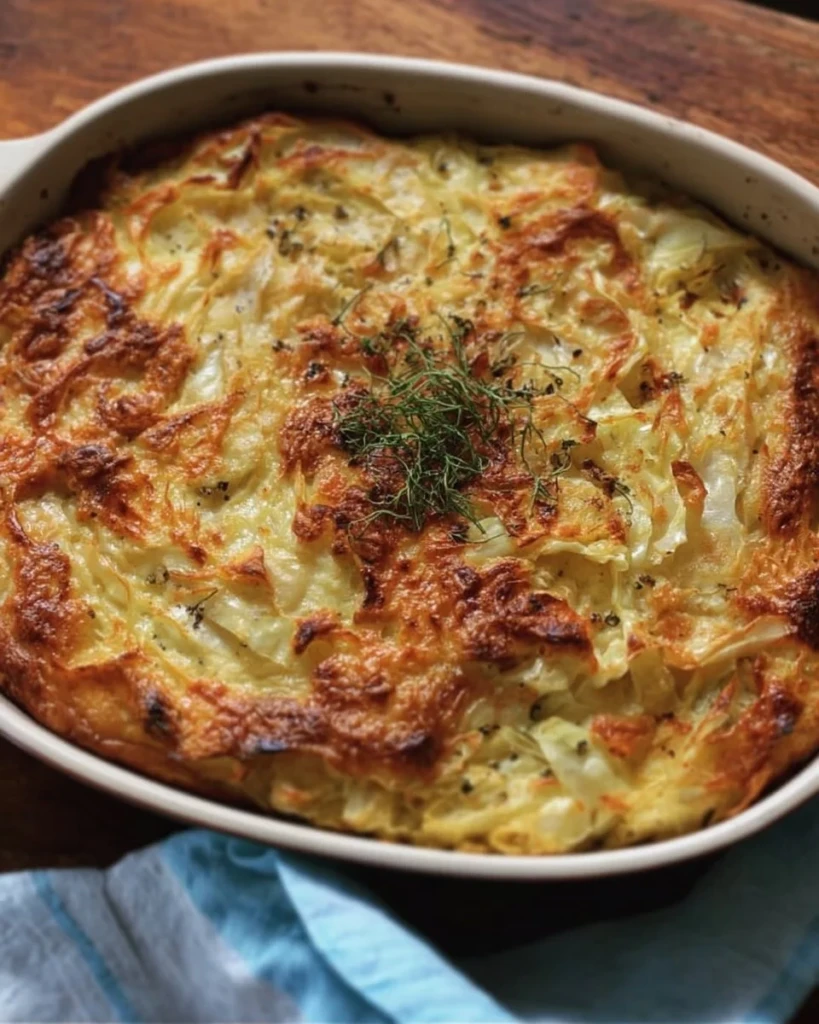 Delicious Smoked Gouda Cabbage Bake ready to be served in a baking dish.