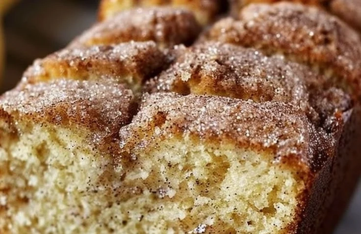 Deliciously baked snickerdoodle banana bread on a wooden table.