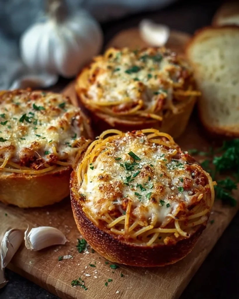 Spaghetti garlic bread bowl filled with flavorful spaghetti and crispy garlic bread