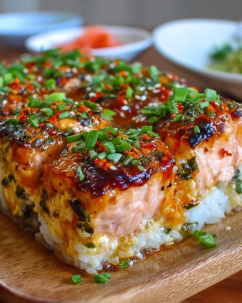 Delicious Spicy Salmon Sushi Bake served in a baking dish