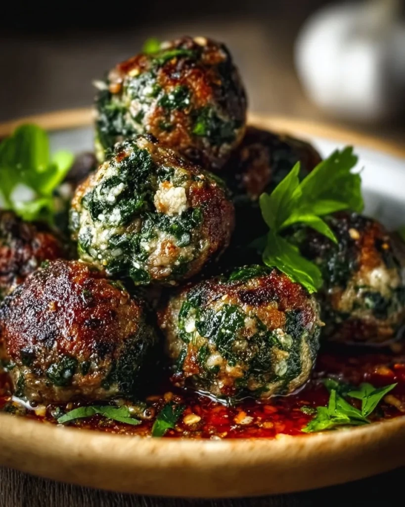 Delicious spinach meatballs with garlic on a plate, perfect for any meal.