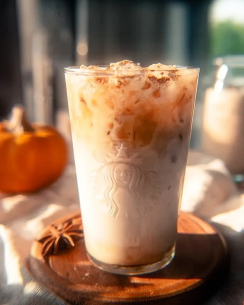 Starbucks Iced Pumpkin Cream Chai Tea Latte in a glass topped with whipped cream.