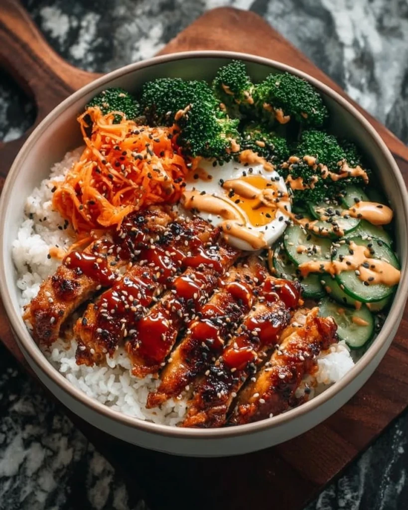 Delicious sticky chicken rice bowls garnished with herbs and vegetables