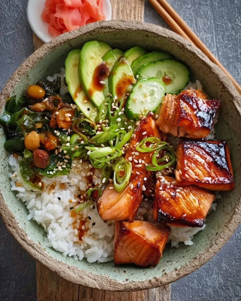 Delicious gluten-free teriyaki salmon sushi bowl garnished with fresh ingredients.
