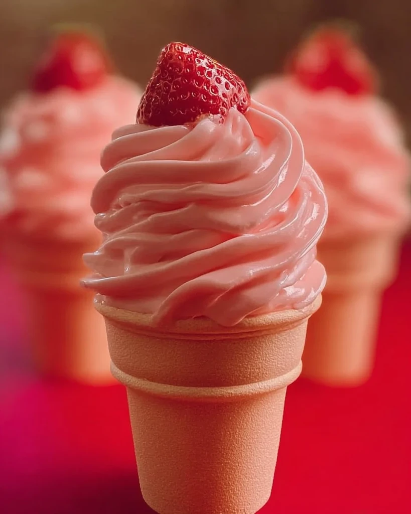 Delicious Strawberry Dole Whip served in a cup with fresh strawberries.