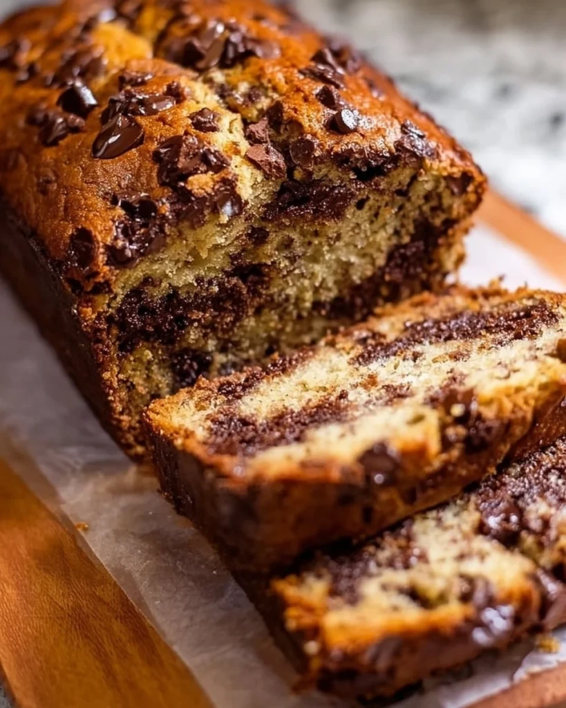 Deliciously moist chocolate chip banana bread sliced on a wooden table