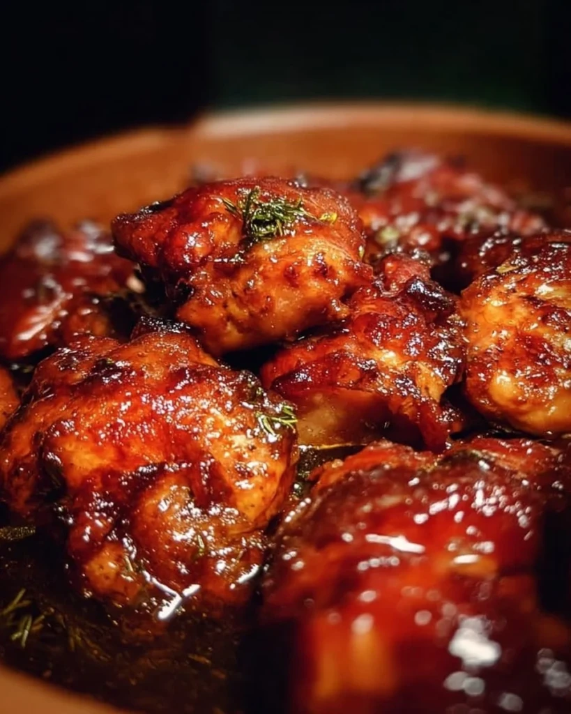 Sweet Baby Ray's Crockpot Chicken served in a bowl with sauce and herbs.