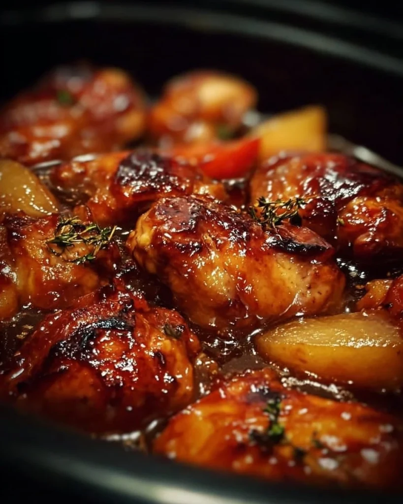 Sweet Baby Ray's Crockpot Chicken served with sides on a rustic table