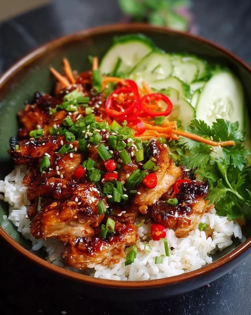 Sweet Chili Chicken Rice Bowls with colorful vegetables and sauce.