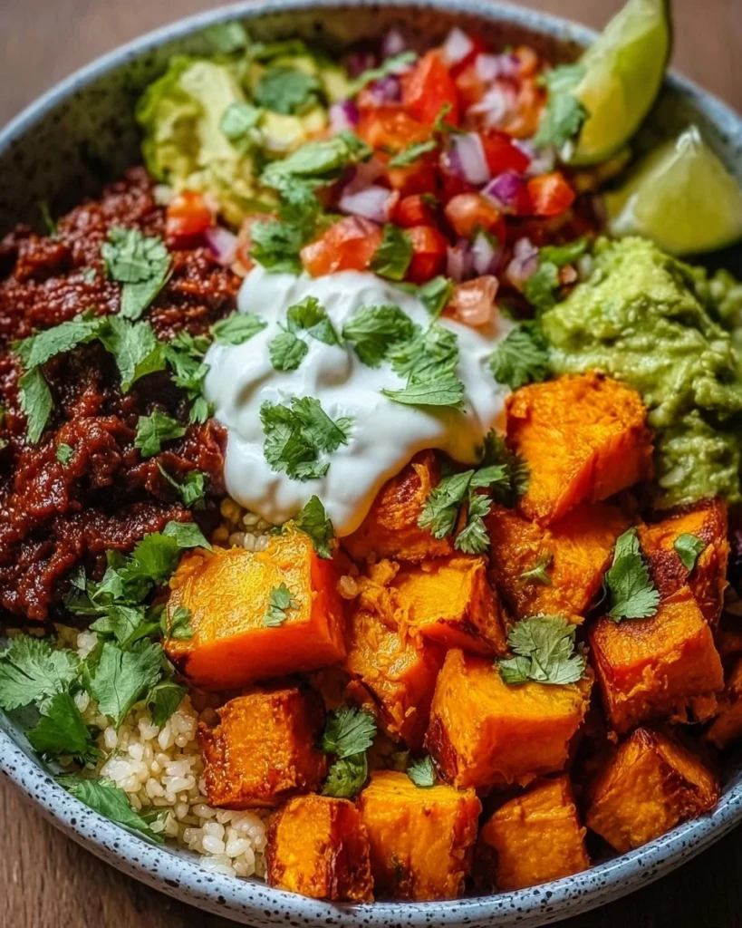 Vibrant sweet potato taco bowl topped with fresh ingredients and spices.