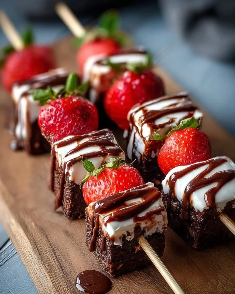 Strawberry brownie kabobs arranged on a platter for a festive party treat