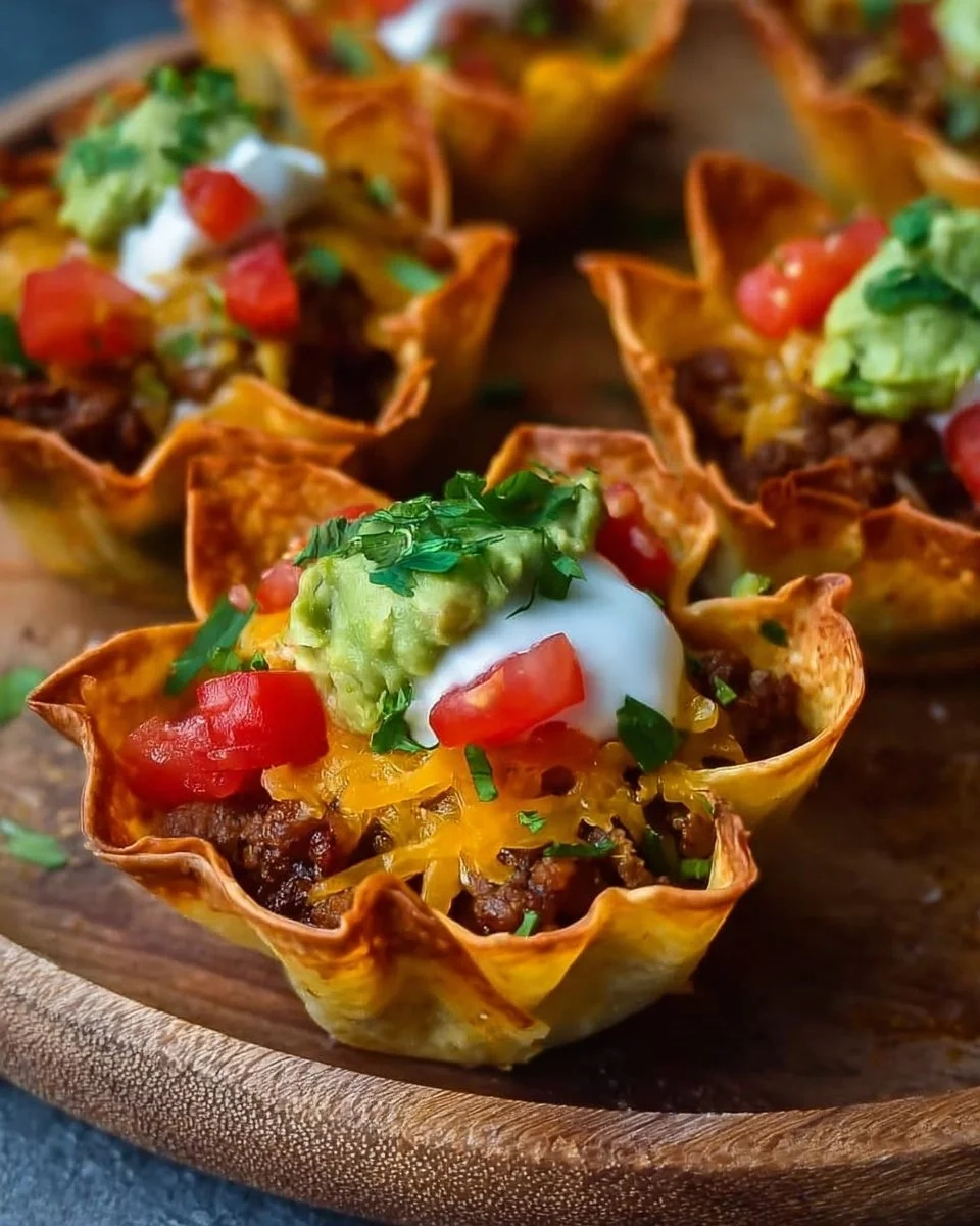 Plate of homemade taco cups filled with seasoned meat and toppings