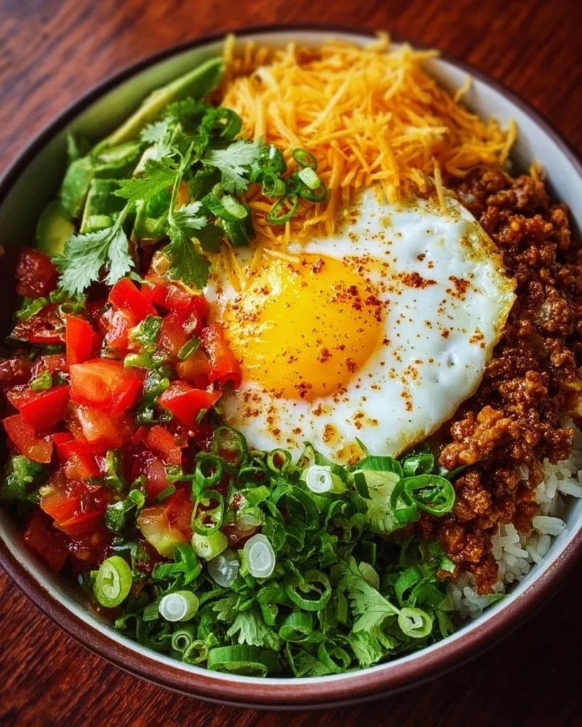 Delicious Taco Rice Bowl with fresh toppings and vibrant colors