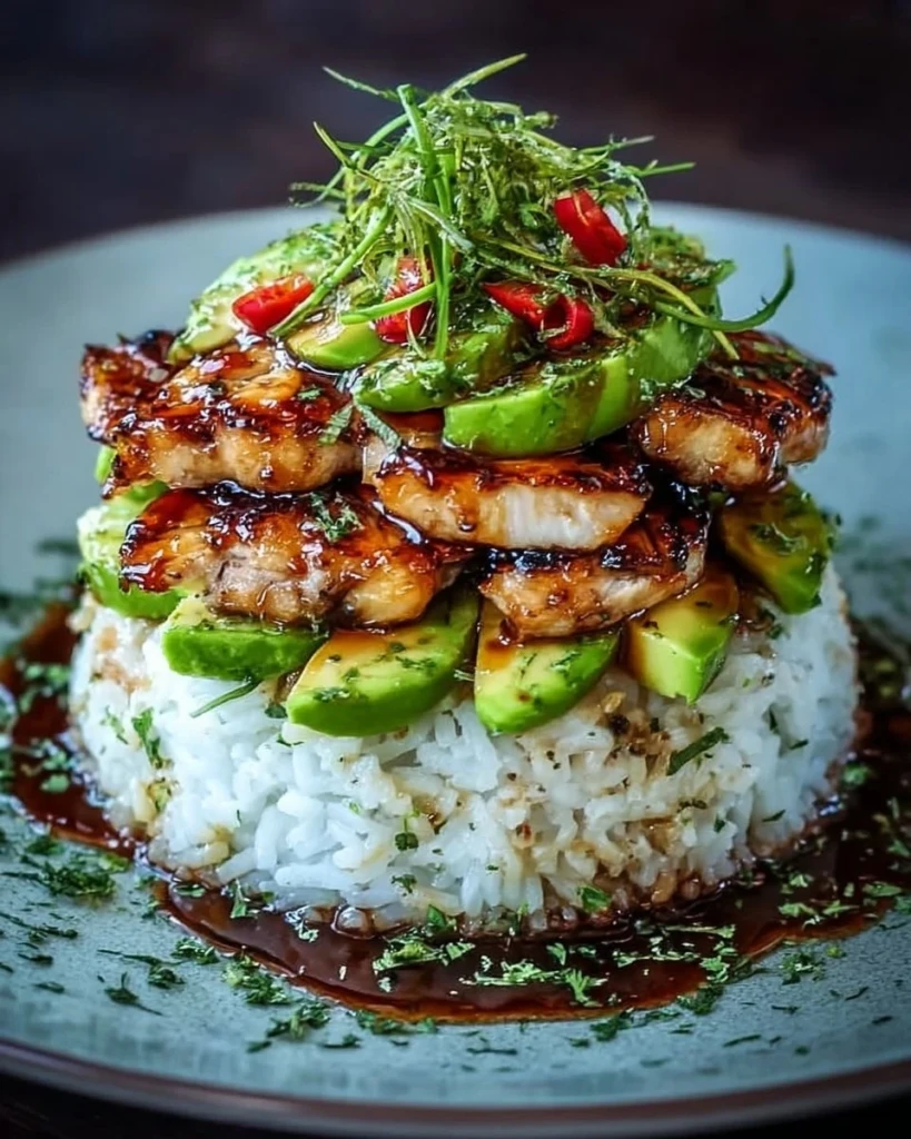 Tangy honey lime chicken served with avocado rice stack for a flavorful meal