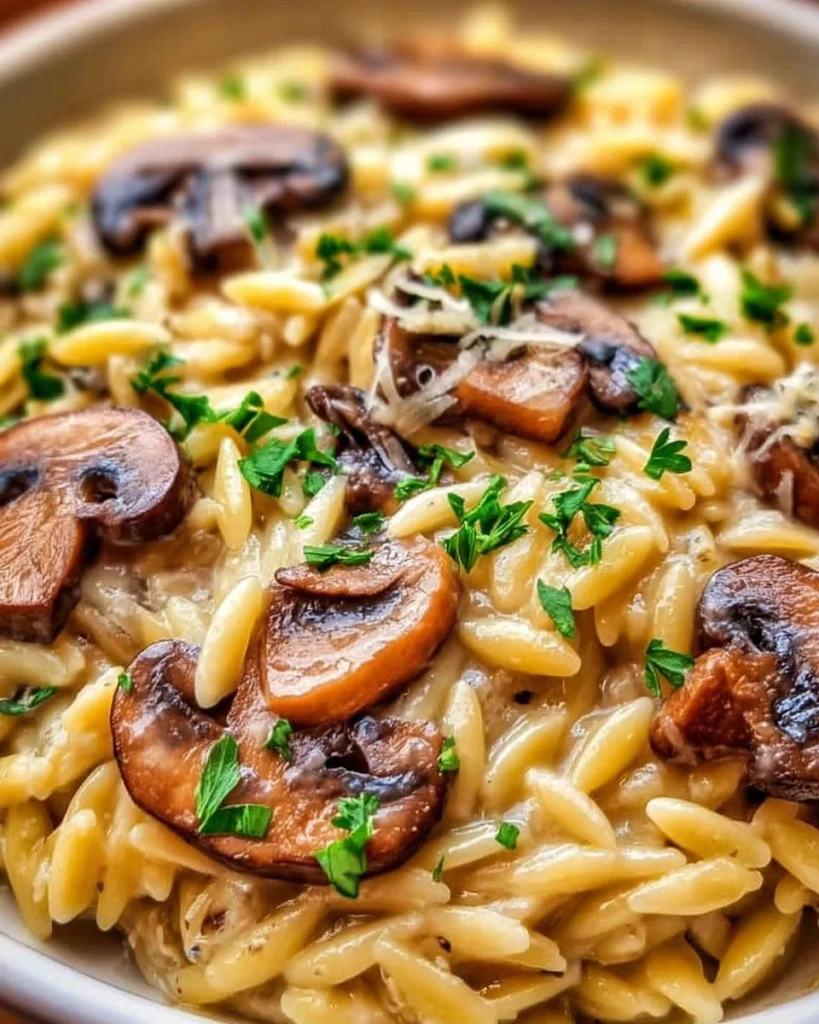 Delicious orzo pasta with sautéed mushrooms in a creamy sauce