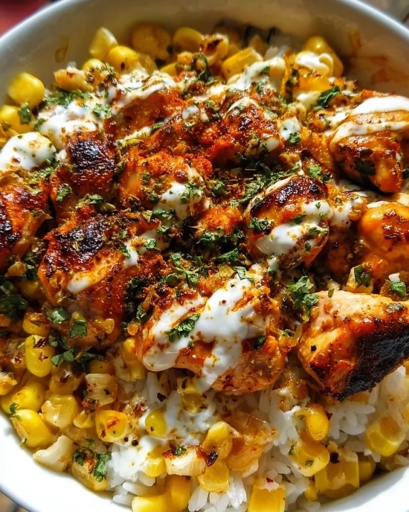 Delicious street corn chicken bowl topped with fresh ingredients