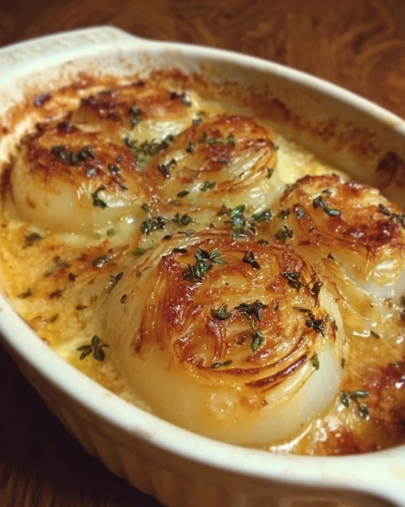 Delicious cheesy baked onions, inspired by Tennessee recipes, served in a dish.