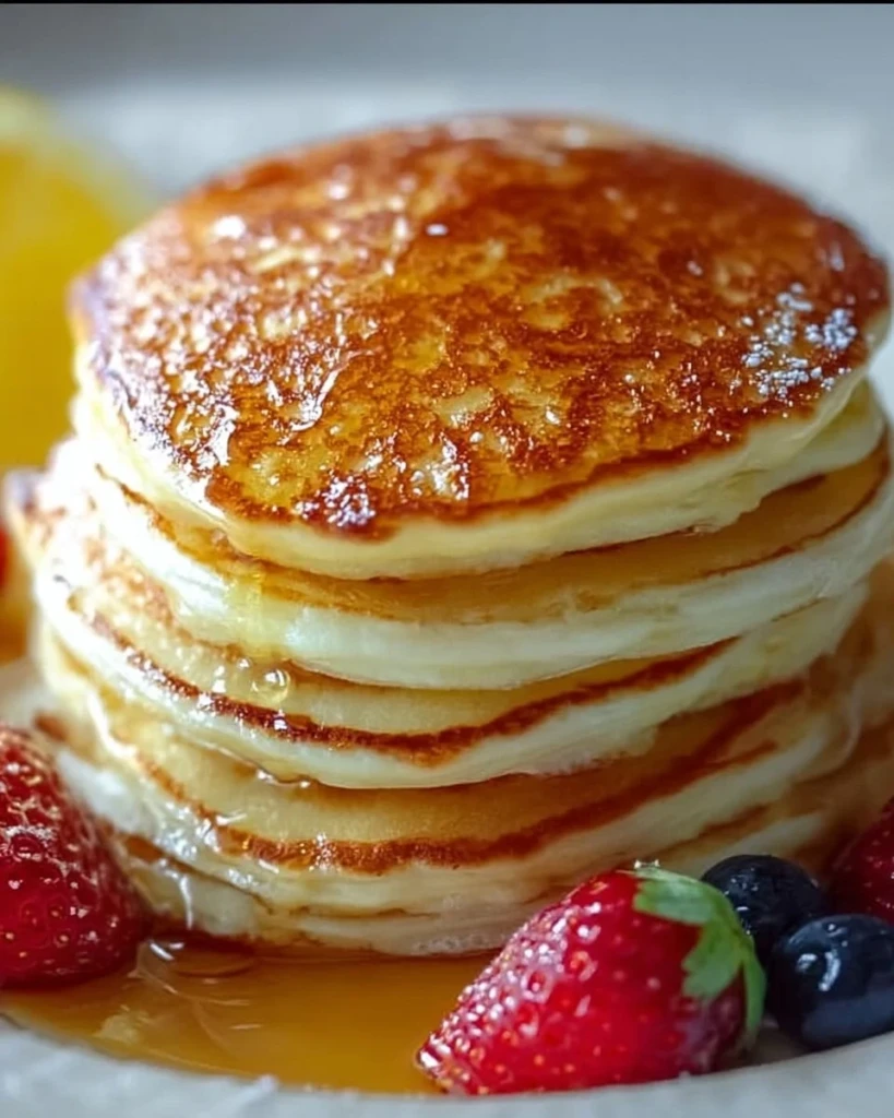 Deliciously fluffy pancakes stacked with syrup and berries