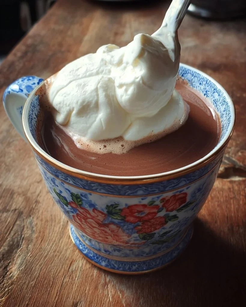 A cup of ultimate hot chocolate topped with whipped cream and chocolate shavings.