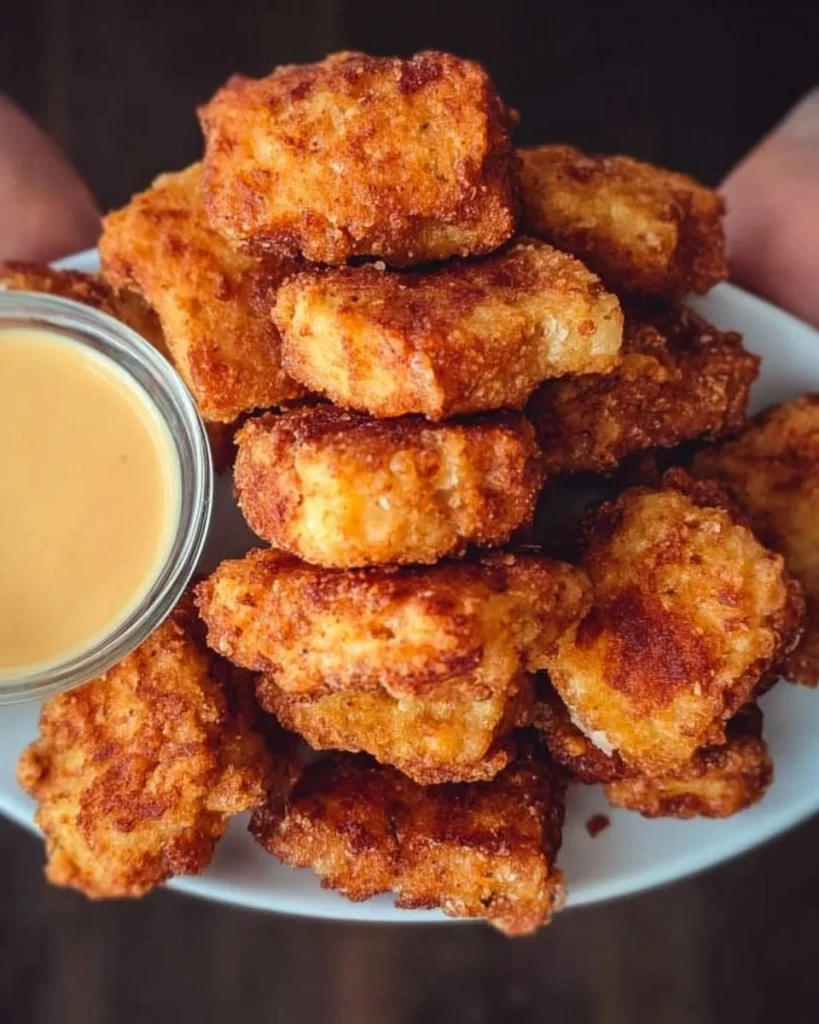 Vegan Chick Fil A style nuggets served with dipping sauce on a plate.