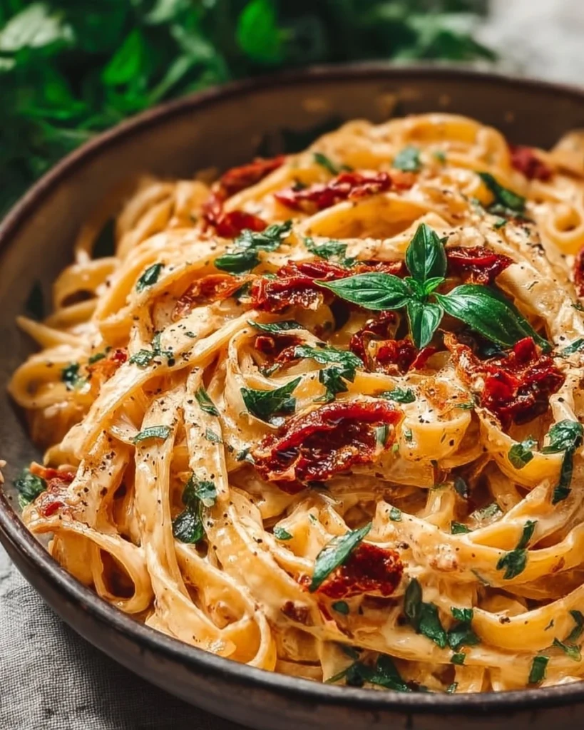 Vegan creamy sun dried tomato pasta bowl with fresh basil and a rich sauce