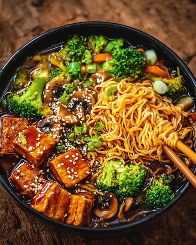 Delicious Vegan Teriyaki Noodle Bowl with vibrant vegetables and noodles