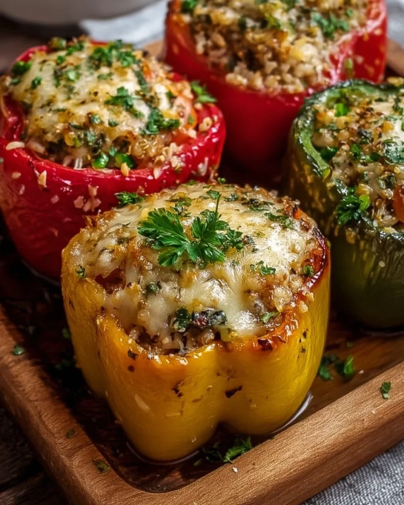 A colorful plate of vegetarian stuffed bell peppers filled with rice and vegetables