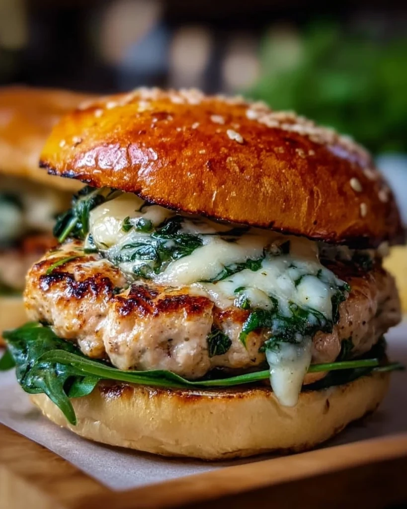 Delicious white cheddar and spinach chicken burgers on a plate