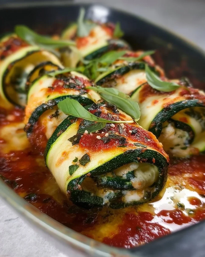 Delicious Zucchini Rollatini dish topped with cheese and herbs