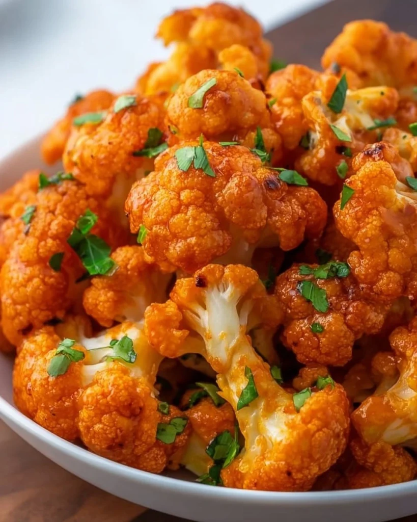 Air fryer buffalo cauliflower garnished with fresh herbs