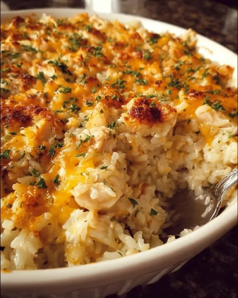 Delicious Angel Chicken and Rice Casserole served in a white dish