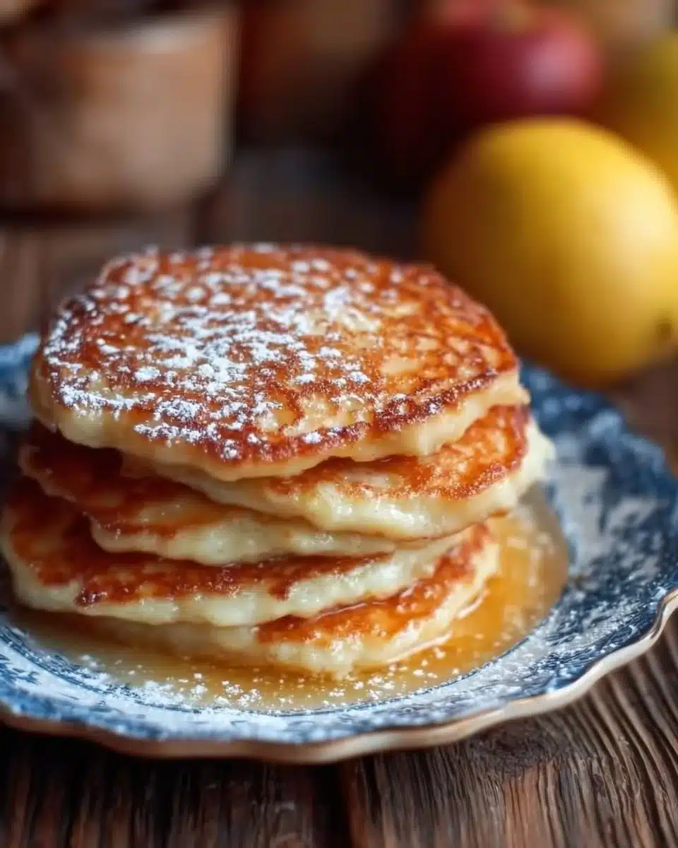 Delicious apple yogurt pancakes stacked with syrup on a plate