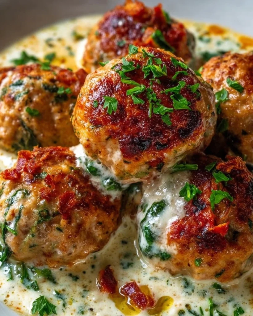 Baked chicken ricotta meatballs served with marinara sauce on a plate